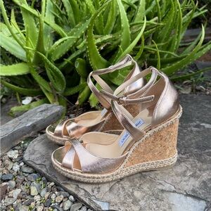 Jimmy Choo Rose Gold Metallic Wedge Sandals